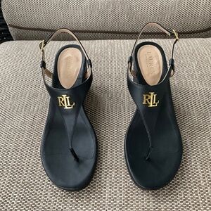 Black R L L wedge sandal,9 1/2.